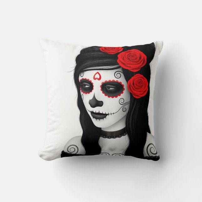 Coussin Jour de la fille morte avec des roses blancs (Recto)