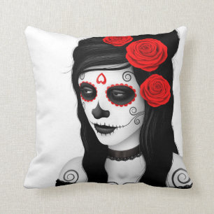Coussin Jour de la fille morte avec des roses blancs