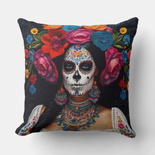 Coussin Jour de la mort crâne de sucre Roses 2 côtés