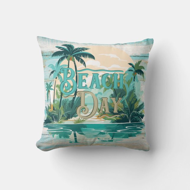 Coussin Jour de la plage Turquoise Palmiers Beige Plage Cô (Recto)