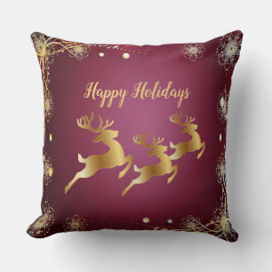Coussin Jour de Noël Golden Reindeers Rouge rose Élégant