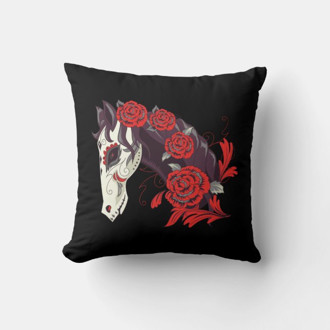 Coussin Jour des Chevaux Morts Squelette avec Roses Rouges (Recto)