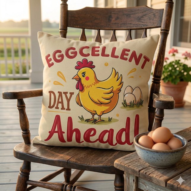 Coussin Jour d'excellence à l'avant Funny Chicken Farm (Eggcellent Day Ahead Funny Chicken Farm Throw Pillow Mockup A)