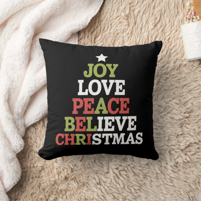 Coussin Joy Love Peace Believe Christmas Tree Family (Couverture)