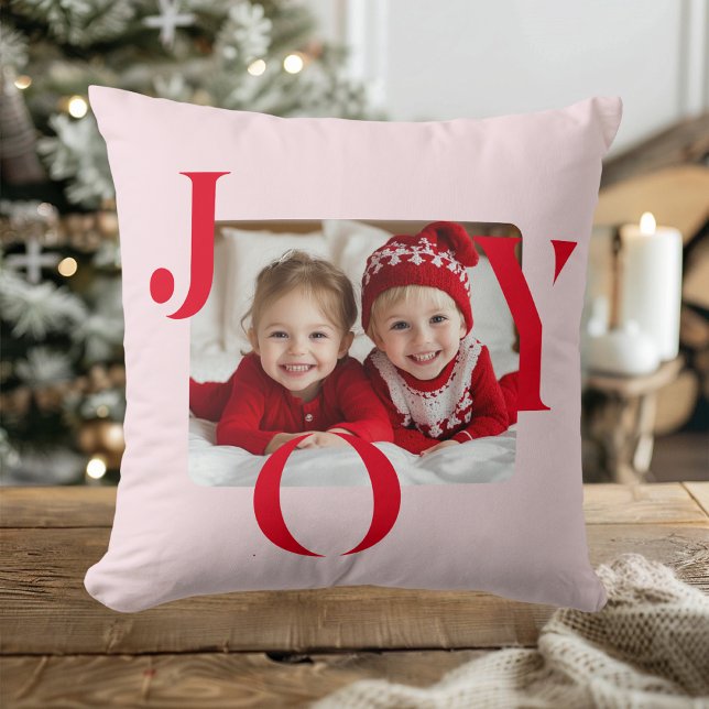Coussin JOY | Modern Red And Pink Christmas Photo Gift (Créateur téléchargé)