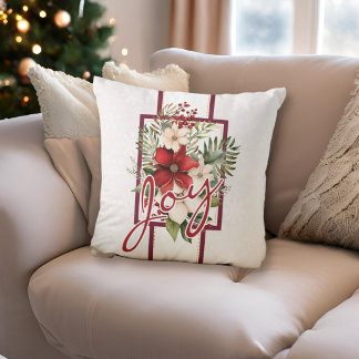 Coussin Joyeuse Écriture Florale Élégante de Noël