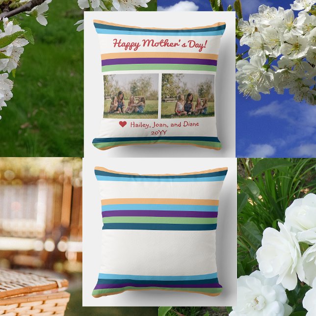 Coussin Joyeuse fête des mères 2 Photos Noms Couleur Bands (Happy Mother's Day pillow w/ 2 personalized photos + names + year. Elegant, modern, minimalist)