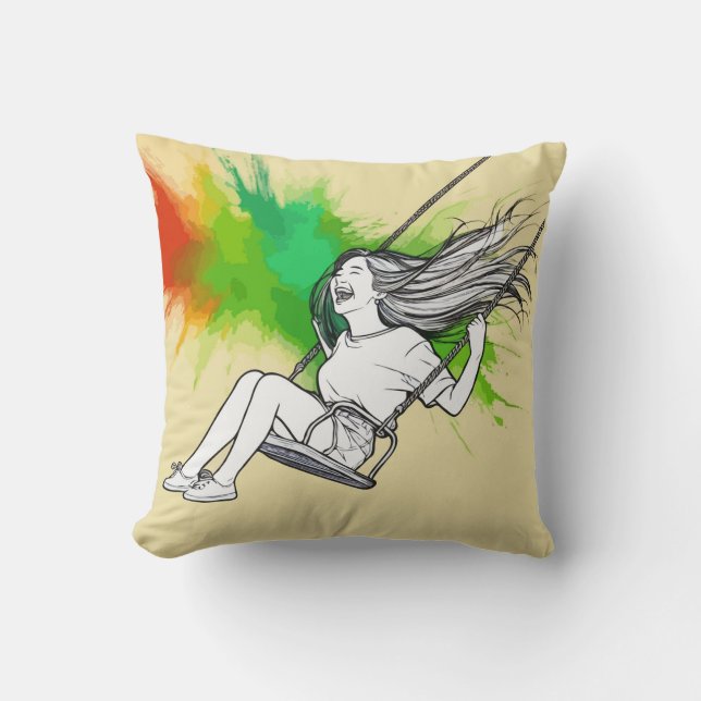 Coussin Joyeuse fille sur le swing - Vibrant éclaboussure  (Recto)