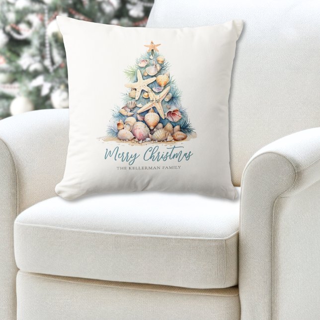 Coussin Joyeuse plage d'arbre de Noël (Merry Christmas Tree Beach Throw Pillow )