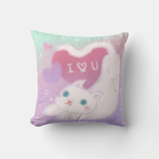 Coussin Joyeuse Saint-Valentin avec chat blanc duveteux (Recto)
