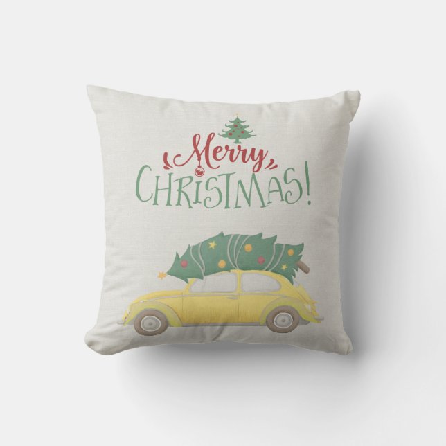 Coussin Joyeuse voiture de Noël avec arbre en couleurs mue (Recto)