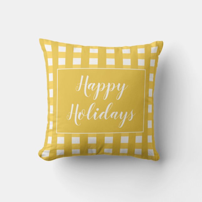 Coussin Joyeuses Fêtes à carreaux buffle blanc or (Recto)