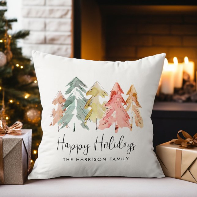 Coussin Joyeuses fêtes Pine Trees Aquarelle Noël (Créateur téléchargé)