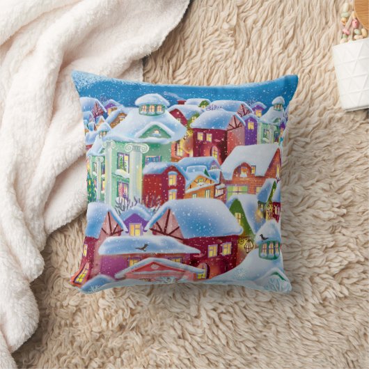 Coussin Joyeuses maisons du Nouvel An enneigées (Couverture)