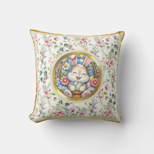Coussin Joyeuses Pâques avec un lapin mignon, des œufs et