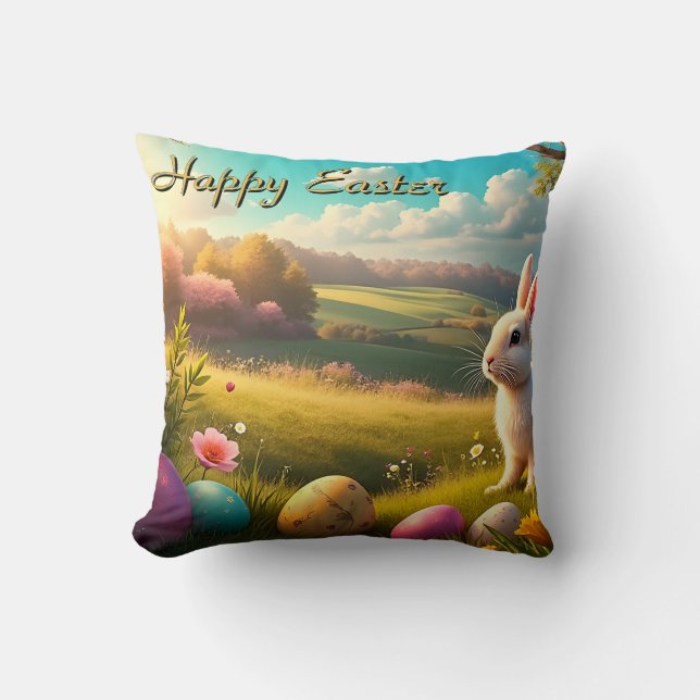 Coussin Joyeuses Pâques dans un paysage printanier (Recto)
