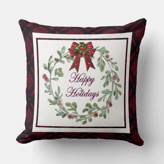 Coussin Joyeuses Vacances Rouge Plaid (Recto)