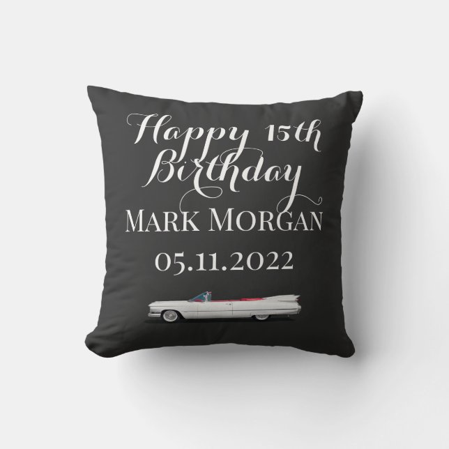 Coussin Joyeux 15e anniversaire Idée cadeau garçon noir bl (Recto)
