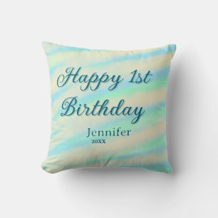Coussin Joyeux 1er anniversaire enfants bébé bleu vert pas