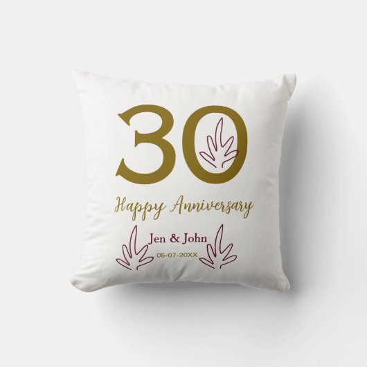 Coussin Joyeux 30e anniversaire nom date feuille rouge dor (Recto)