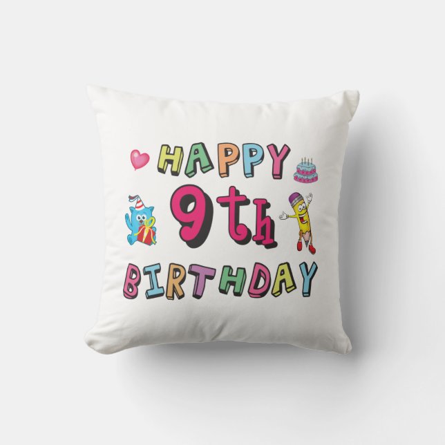 Coussin Joyeux 9e anniversaire pour enfants de 9 ans B jou (Recto)