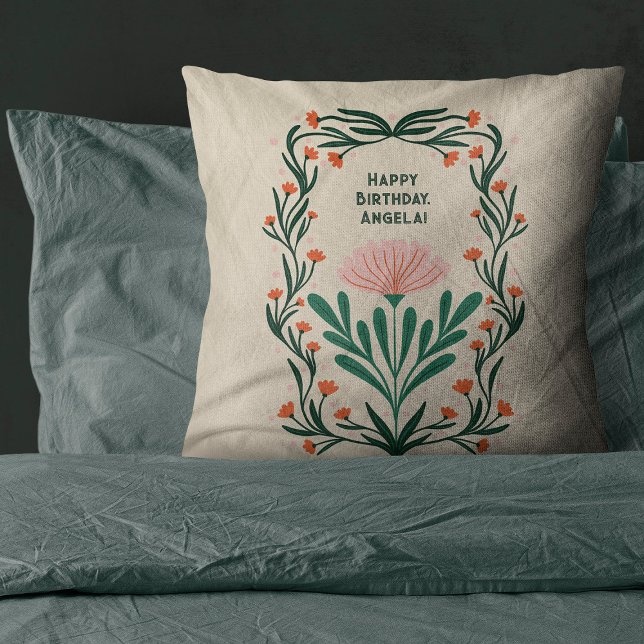 Coussin Joyeux Anniversaire cadre floral élégant (Créateur téléchargé)