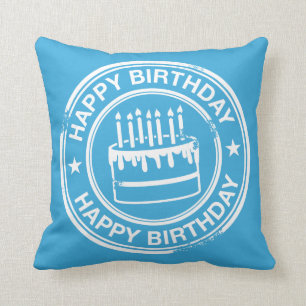 Coussin Joyeux anniversaire -effet tampon en caoutchouc bl