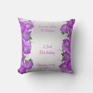 Coussin Joyeux Anniversaire Fleurs de Pétunias Élégantes e