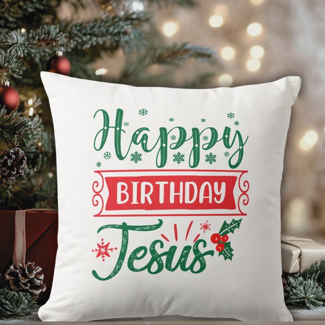 Coussin Joyeux anniversaire Jésus Noël (Happy Birthday Jesus Christmas Holiday Throw Pillow)