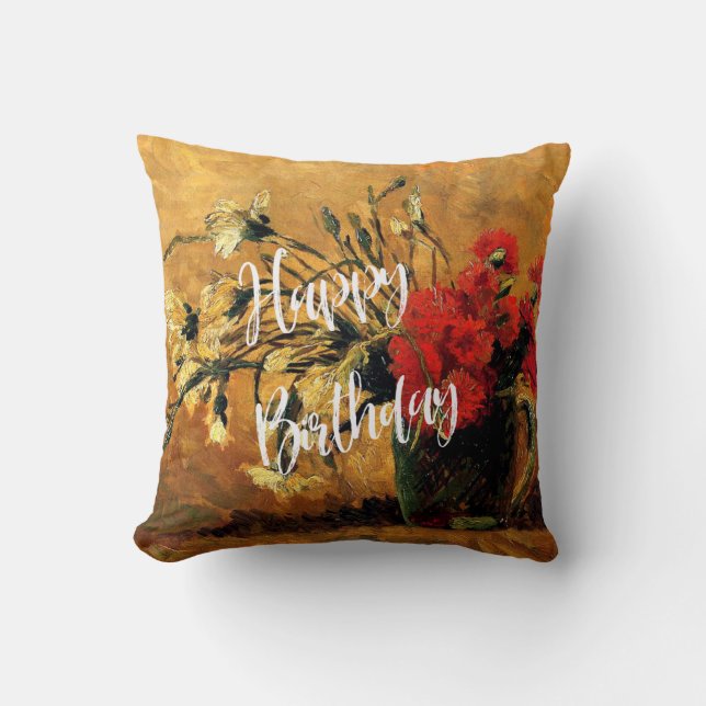 Coussin Joyeux anniversaire, Jug aux oeillets rouges et bl (Recto)