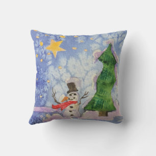 Coussin Joyeux Arbre De Noël Et Aquarelle De Snowman Froid