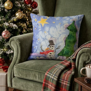 Coussin Joyeux Arbre de Noël et Bonhomme de Neige en Aquar