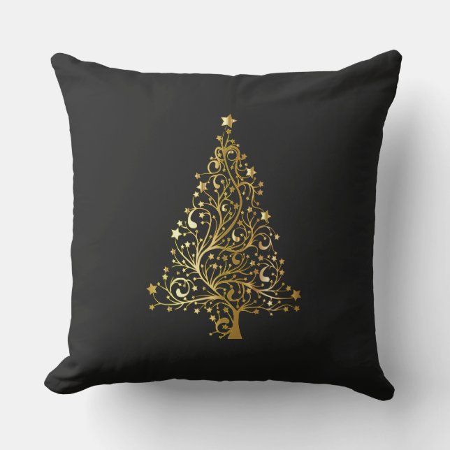 Coussin Joyeux Arbre de Noël Etoiles Noir Or brillant Chic (Recto)