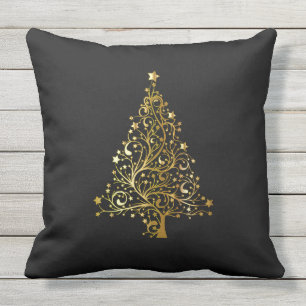 Coussin Joyeux Arbre de Noël Etoiles Noir Or brillant Chic