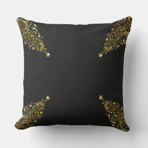 Coussin Joyeux Arbres de Noël Étoiles Black Or brillant