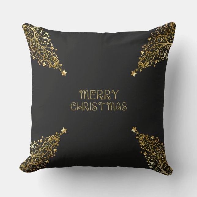 Coussin Joyeux Arbres de Noël Étoiles Black Or brillant Ch (Recto)