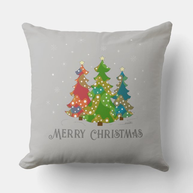 Coussin Joyeux arbres de Noël Snowflakes gris moderne (Recto)