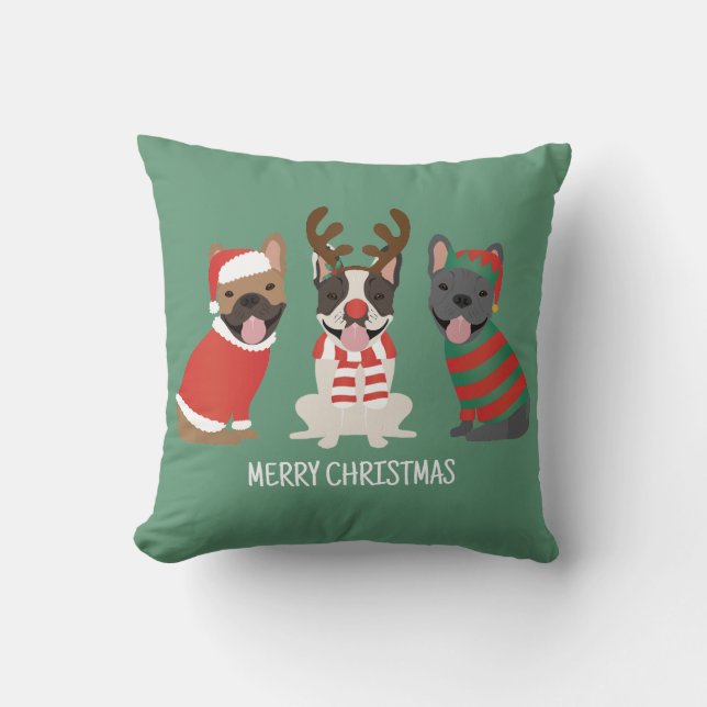 Coussin Joyeux Buldogs français de Noël (Recto)