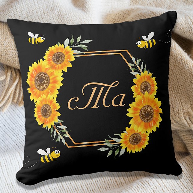 Coussin Joyeux bumble abeilles tournesol couple noir monog (Créateur téléchargé)