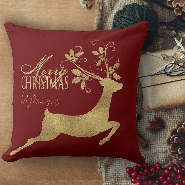 Coussin Joyeux canapé de Noël rouge et or (Cristmas pillows, retro Christmas personalized throw pillows holiday decor for living room)
