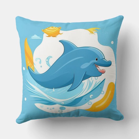 Coussin Joyeux Dauphin de dessin nager dans l'eau bleue (Verso)