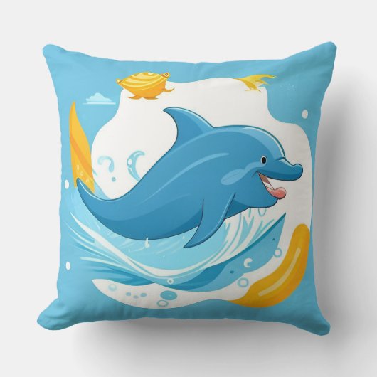 Coussin Joyeux Dauphin de dessin nager dans l'eau bleue (Recto)