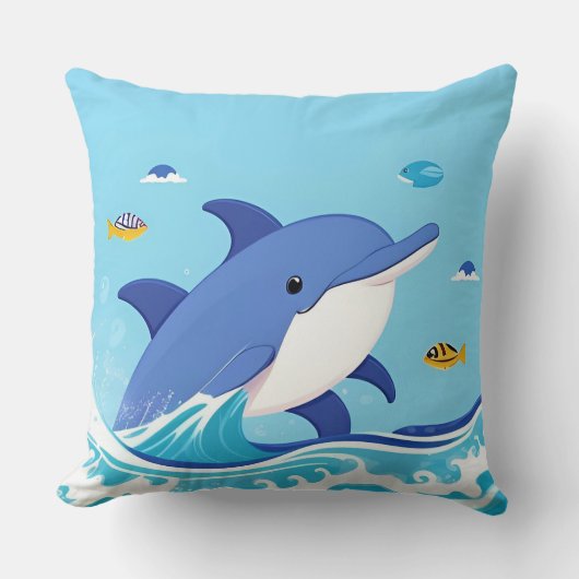 Coussin Joyeux Dauphin de dessin nager dans l'eau bleue (Recto)