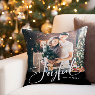 Coussin Joyeux   Élégant script et photo noir de Noël