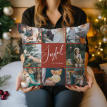 Coussin Joyeux | Élégant Script Multi Photo Noël<br><div class="desc">Cet élégant coussin de Noël rouge dit "Joyeux" dans la calligraphie moderne en écriture blanche. Ajoutez huit de vos photos de famille préférées et votre nom pour une tenue de vacances élégante et festive.</div>