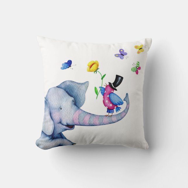 Coussin Joyeux Éléphant Aux Oiseaux Et Papillons (Recto)