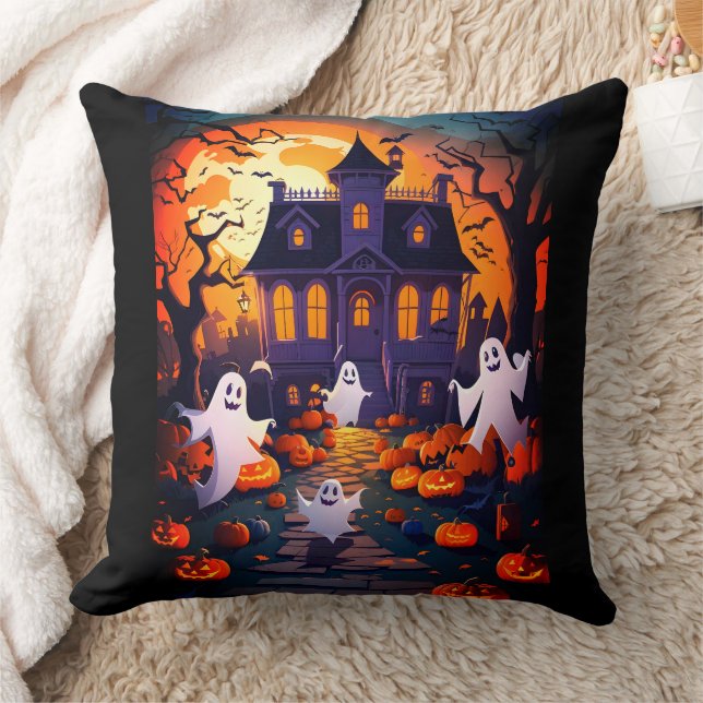Coussin Joyeux Fantôme D'Halloween Et Maison Hantée (Couverture)