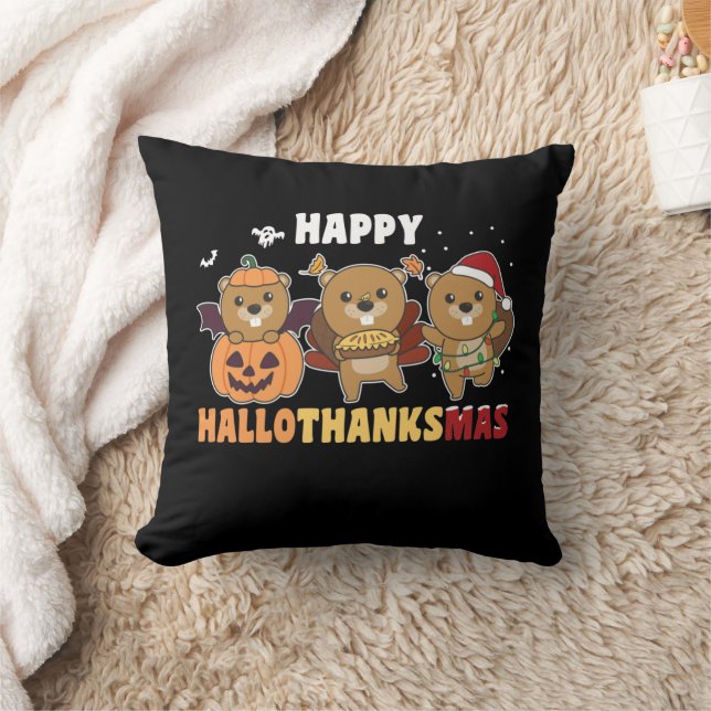 Coussin Joyeux Hallothanksmas Beaver Beaver Christmas Beav (Couverture)