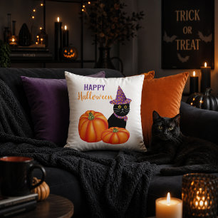 Coussin Joyeux Halloween Chat Noir et Citrouilles Décorati