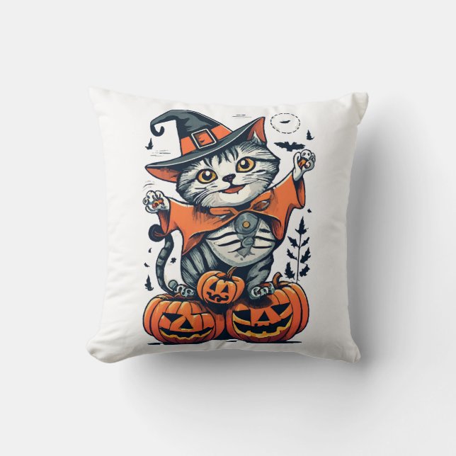 Coussin Joyeux Halloween Chat Sorcière (Recto)